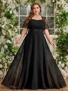 Plus Size Square Neck Lace Short Sleeve Women's Maxi Dress, Elegant Formal A-Line Party Gown, Fitted Wrap Zipper Design, All Seasons Wear