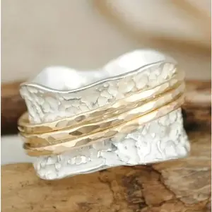 Boho Spinner Ring for Women, Hammered Wide Band Wavy Design, Stackable Textured Jewelry