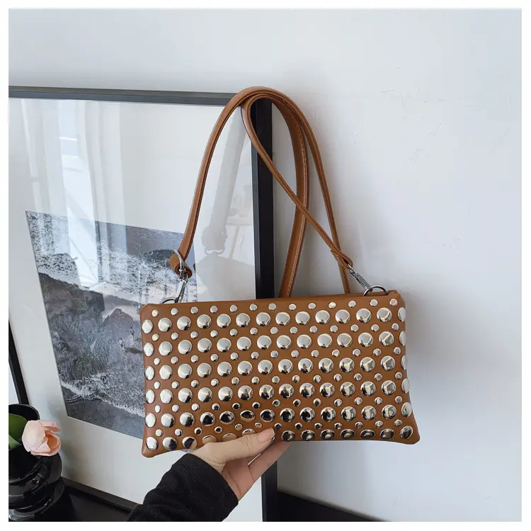 Bags with rivets, shiny small square bag, textured shoulder bag, wide shoulder strap, crossbody women's bag
