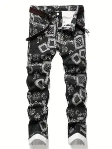 Men's Casual Paisley Pattern Jeans, Chic Street Style Stretch Denim Pants