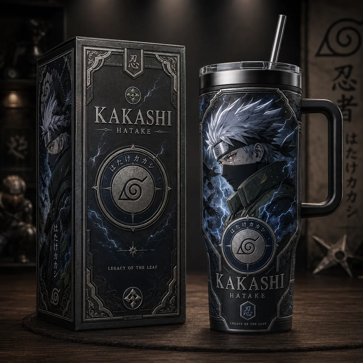 [Kitsune Archive] Kakashi Hatake 40oz Tumbler With Handle & Straw, Kakashi Anime Cup, Hidden Leaf Ninja Graphic Travel Mug, Sharingan Inspired Insulated Water Tumbler, Copy Ninja Fan Gift, Manga Drinkware