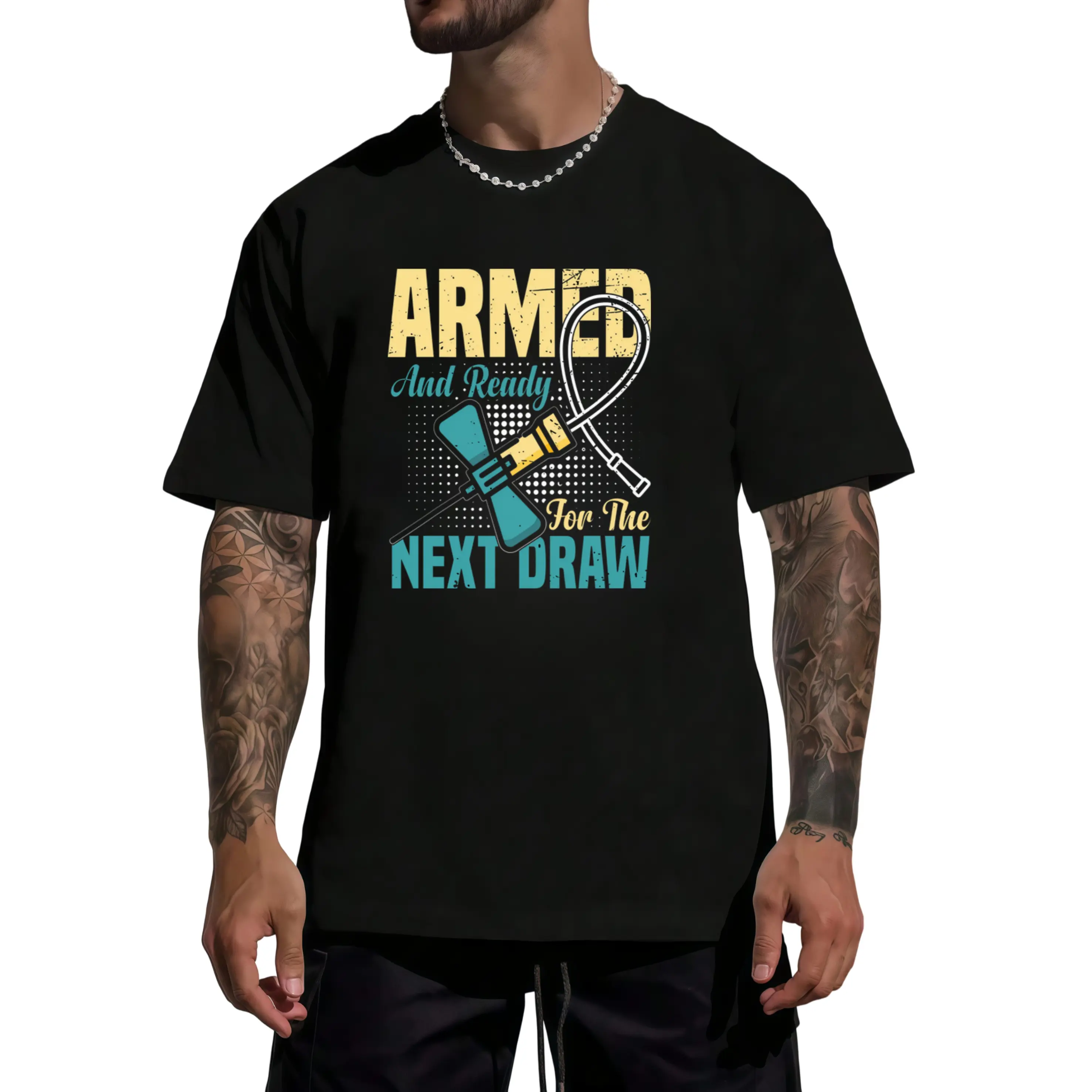 Women's 100% Cotton Phlebotomy Graphic T-Shirt - "Armed And Ready For The Next Draw" Design, Comfortable Casual Round Neck Phlebotomist Tshirt Top Womenswear