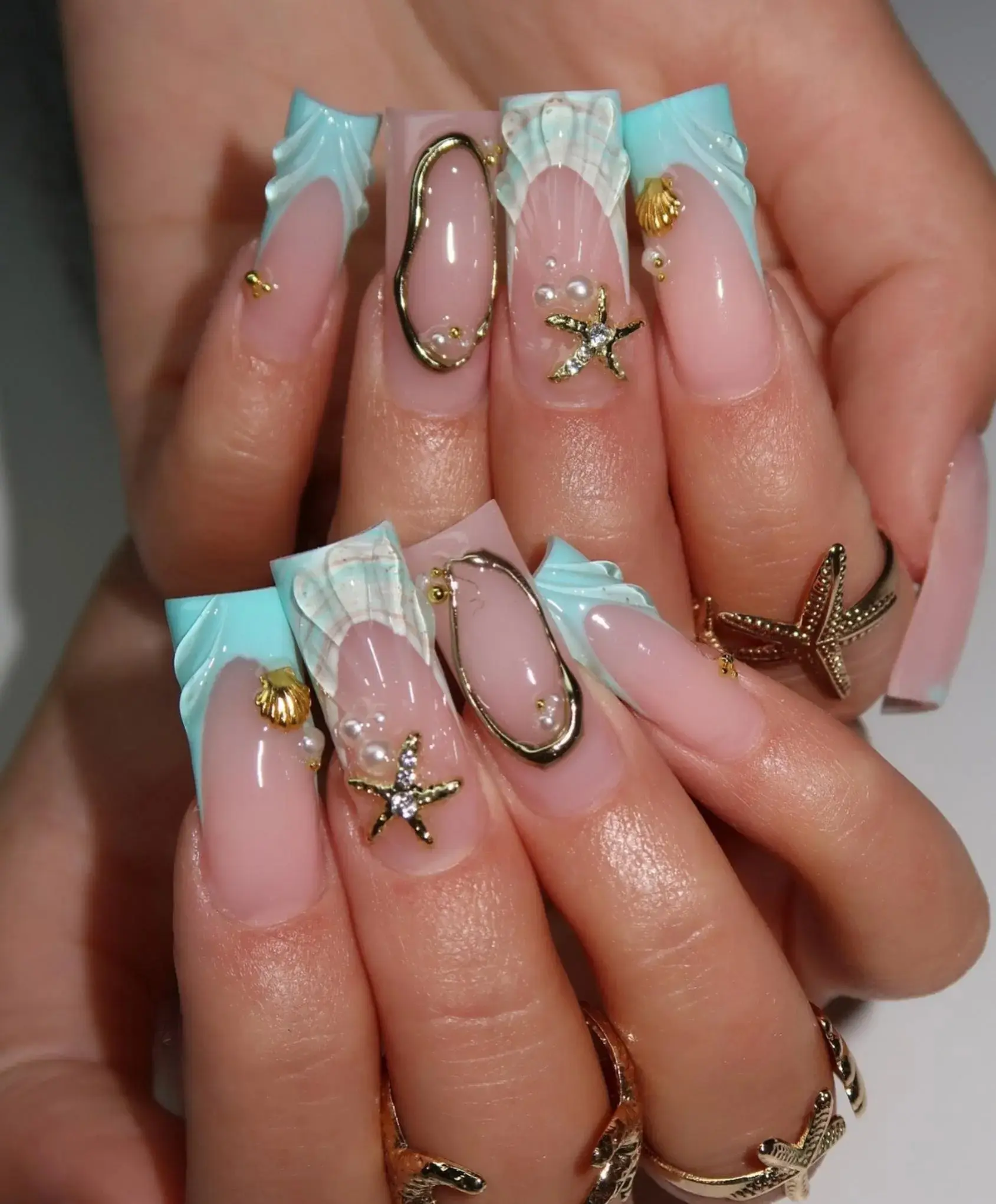 Hand-Painted 3D Ocean Flower Long Square Press On Nails | Blue Water Ripple & Starfish Luxury Fake Nails | Summer Beach Vacation Bridal Art