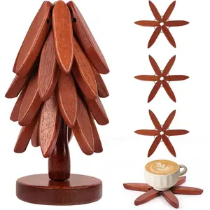 Wooden Tree Trivets Set,  Cup Coasters Set,4 Count, Walnut , Brown, Tree Shape, Foldable, Wooden Trivets for Hot Dishes, Pot, Bowl, Teapot, Countertops Protection
