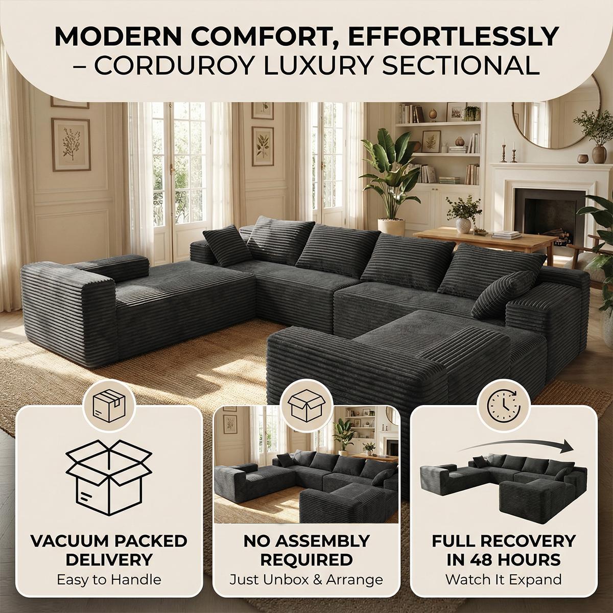 Pre-Assembled U-Shaped Modular Corduroy Sectional Couch - Soft Fabric, Space-Saving Indoor Living Room Furniture, Convertible Sofa Bed with Memory Foam Pillow, Fluffy Black