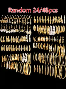 Random 24/48 Pcs Hoop Earring Sets, Simple Fashion Hoop Earrings for Women, Daily Wear Jewelry Accessories, Perfect Party Birthday Gift