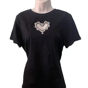 Vinizbena Rhinestone Heart Shape Black Women’s Shirt Top Tshirt