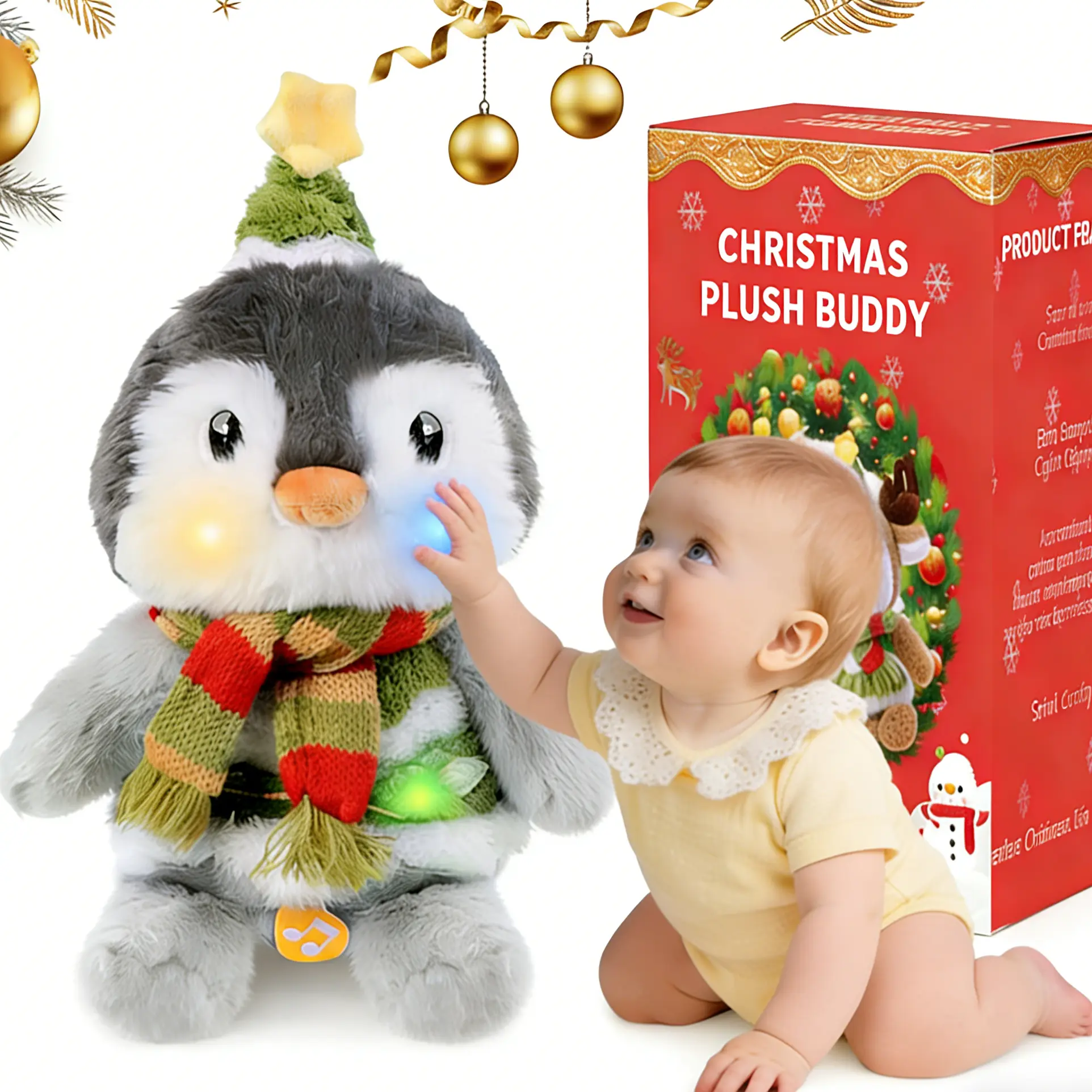 Emoin Christmas Penguin Plush Interactive Toy - Collectible Soft Animal, Stuffed Animals, Cute Design, Huggable, Dancing, Singing, Repeating, Light-Up, Christmas & New Year Gift
