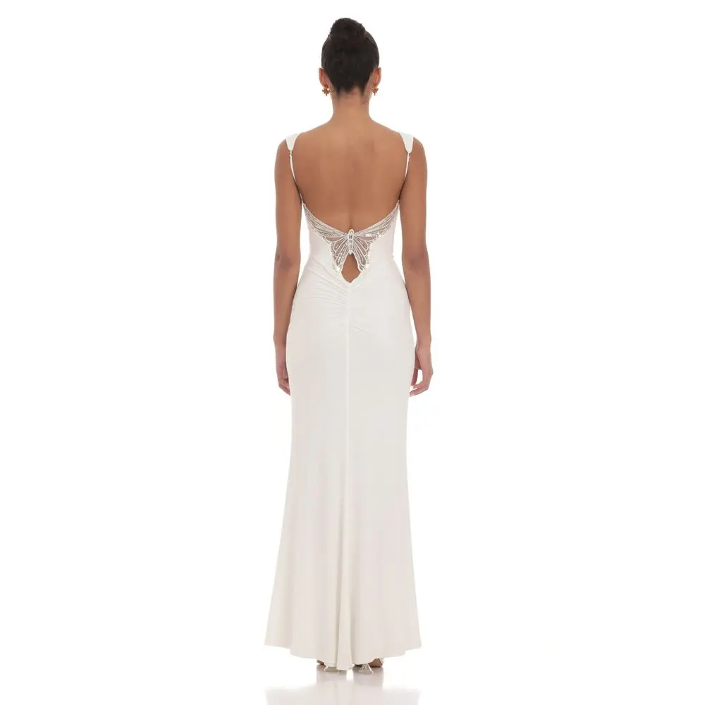 Back Sequin Butterfly Maxi Dress in White