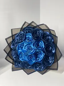 Handcrafted Satin Ribbon Rose Bouquet - Two-Tone Blue Ombre Design with Sleek Black Wrap