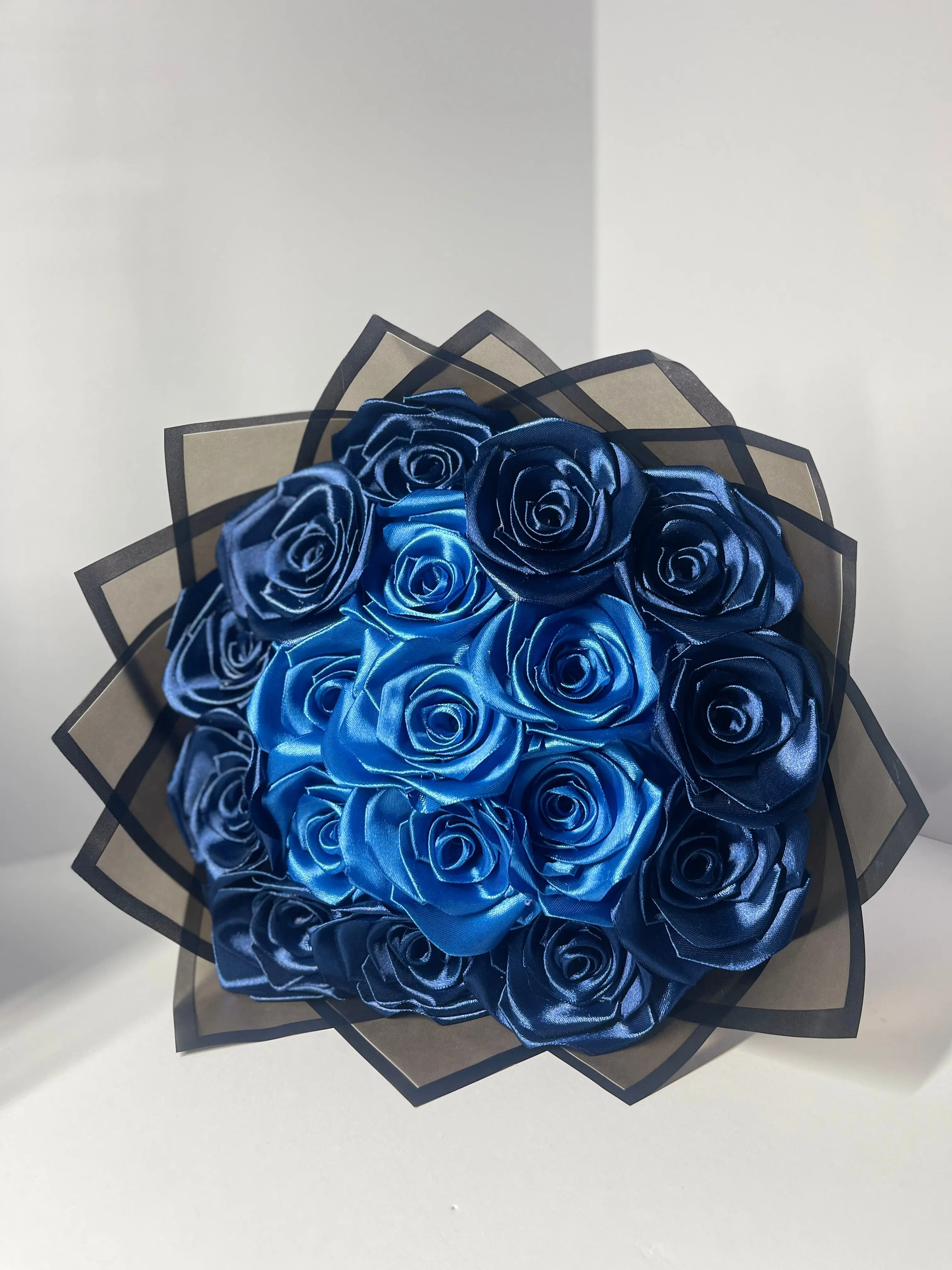 Handcrafted Satin Ribbon Rose Bouquet - Two-Tone Blue Ombre Design with Sleek Black Wrap Faux Flower Decor Floral