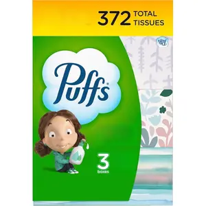 Puffs Plus Lotion Facial Tissue, 3 Family Boxes, 124 Tissues Per Box