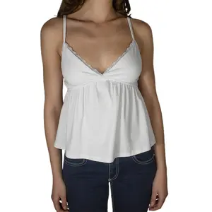 Women's Summer Babydoll Tops Sleeveless Spaghetti Strap Lace Trim Camisole Cami Tank Tops