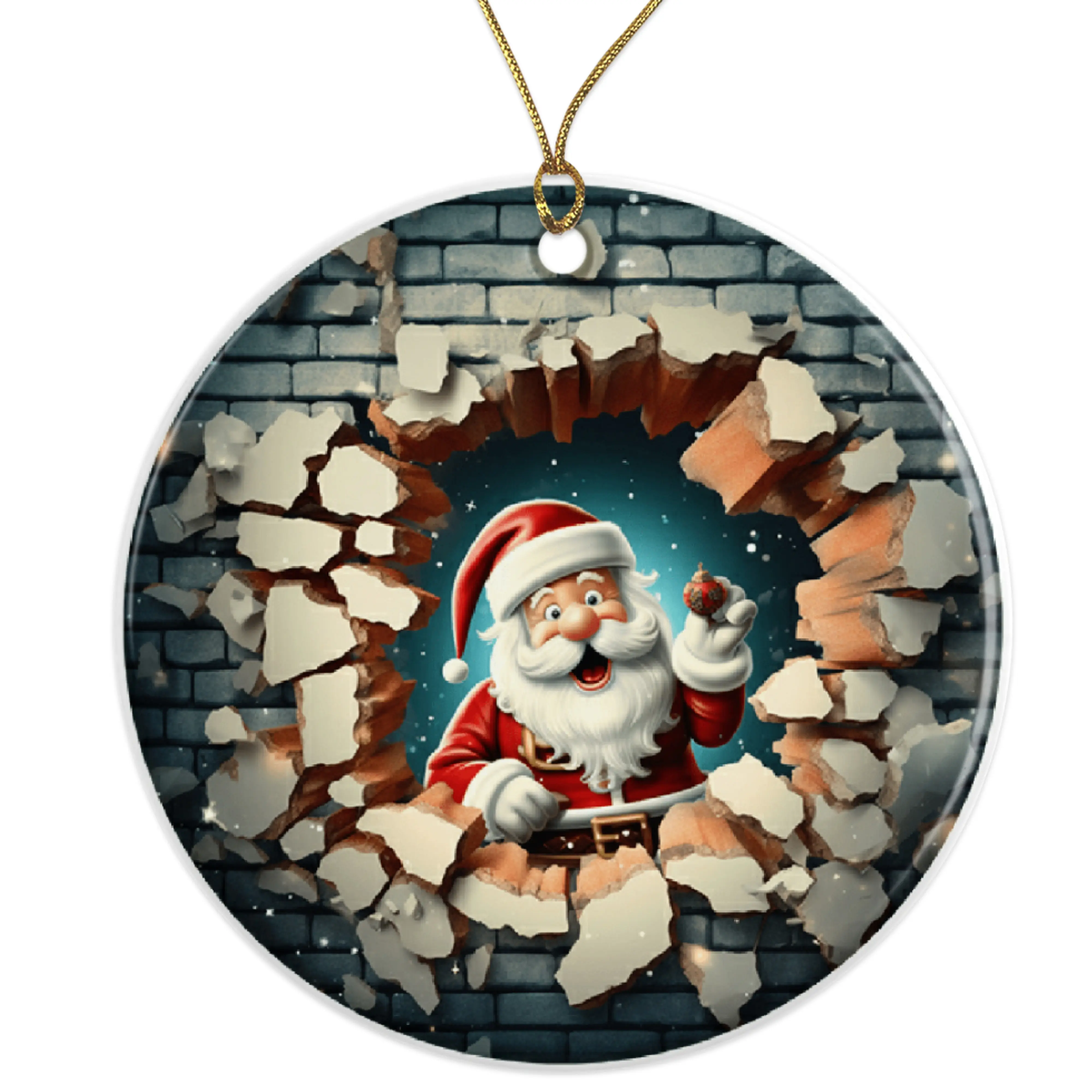 Santa Breaking Through Ornament - Unique Xmas Gift, Festive Wall Art, Christmas Decor, Personalized Keepsake, Holiday Ornament Ceramic Ornament - 3 Inch Christmas Tree Round Ornament - Xmas Holiday Decor - String Included - ORNW0159