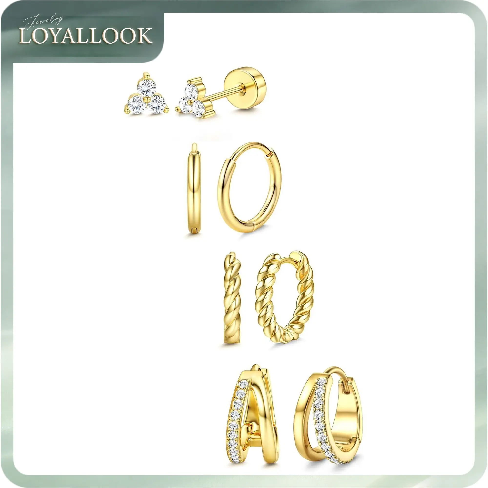 LOYALLOOK Small Hoop Earrings for Women - Hypoallergenic 14K Gold Plated Surgical Steel Chunky Huggie Earings Stacks Set Dainty Cute Cartilage Flat Back Stud Jewelry Trendy Gift 4 Pairs