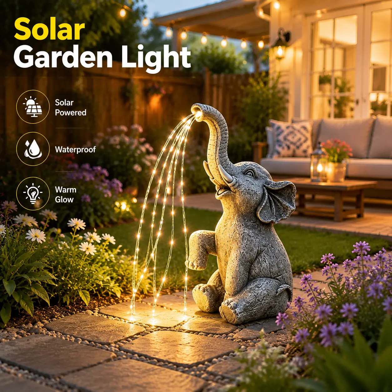 Outdoor solar elephant garden light, waterproof LED garden statue ornament suitable for terrace, lawn, and backyard, warm light solar landscape garden yard decoration patio  lamp