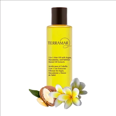 Terramar 3 in 1 Hair Oil (98ml/3.31 fl Oz) - Argan, Macadamia, Monoi Infused - Anti Frizz Styling, Nourishes, Smooths, Adds Shine, Lightweight for All Hair Types