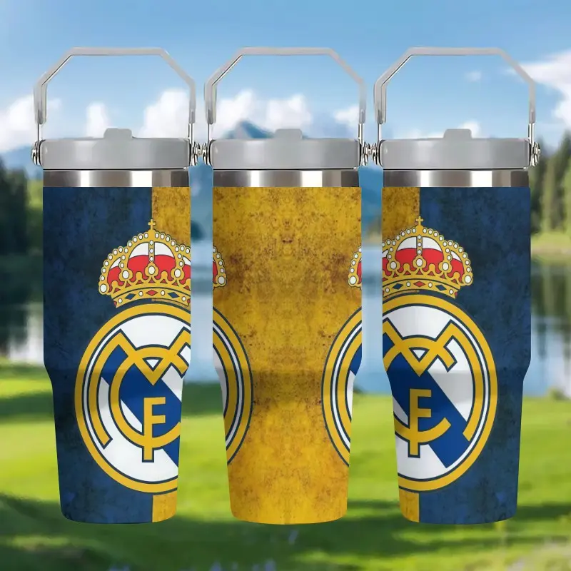 1pc 30oz Royal Madrid Retro Stainless Steel Insulated Cup, Blue Team Logo Print, with Handle & Straw, Exclusive Fan Water Bottle
