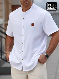 【Plus Size】 Solid Color Short Sleeve Shirt, Regular Fit Casual Button Pocket Henley Neck Top for Summer, Men's Clothes for Daily Wear