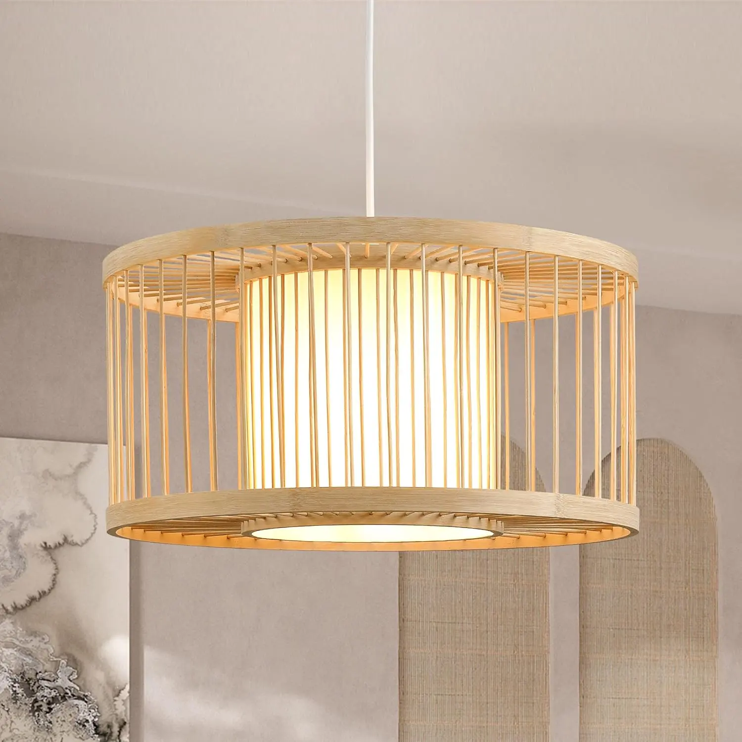 15.8in Handwoven Boho Natural Rattan Pendant Light - 120V 60W Line Voltage Adjustable AC Power Supply, Wicker Hanging Lamp for Home Indoor Dining Room, Living Room Ceiling Spots (Not Smart Devices)