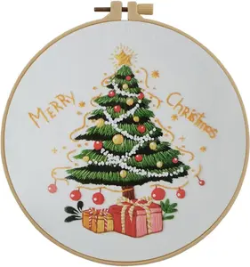 Embroidery Starter Kit for Adult Beginner with Xmas Tree  Stamped Cross Stitch Set with Embroidery Cloth Hoop  Threader Embroidery Floss and Instruction