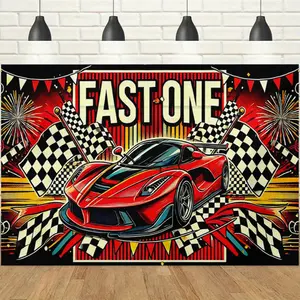 1pc 2D Supercar Racing Themed Banner, Red-Black Vintage FAST ONE & Checkered Flag Printed Backdrop, Cool Racing Vibe, Ideal for Car Enthusiasts Parties, Racing-Themed Gatherings, Sports Banquets & Photography Backdrop Decor