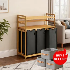 【Buy 1 Get 1 Set】Bamboo Shelf With Laundry Hamper, 2-layer, 3 Compartment Organizer, Wooden Sorter with Sliding, Eco-Friendly, Stylish Storage Solution for Home