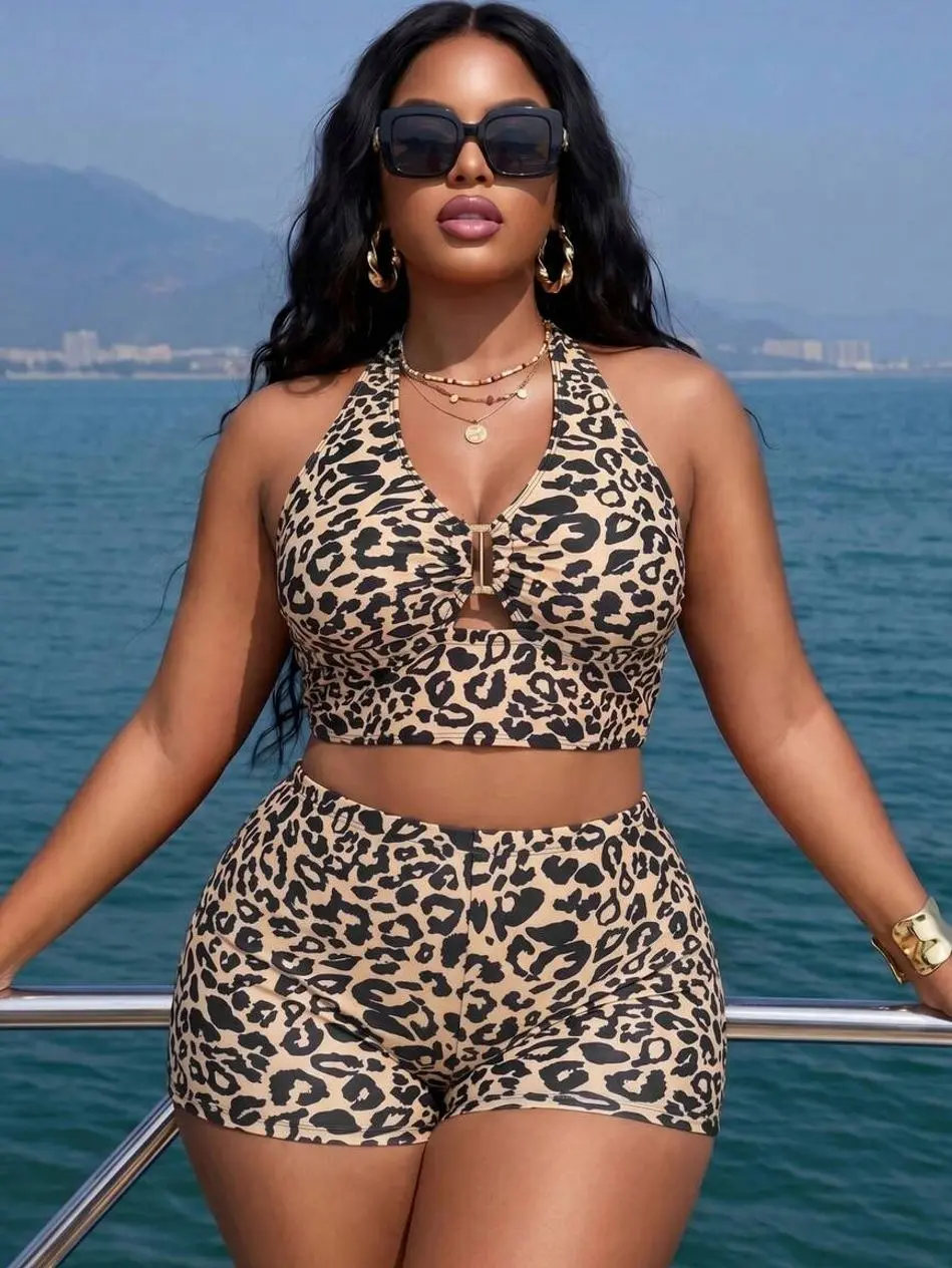 Plus Size Stripe Print Bikini Set - Stretchy Beach Vacation Swimsuit