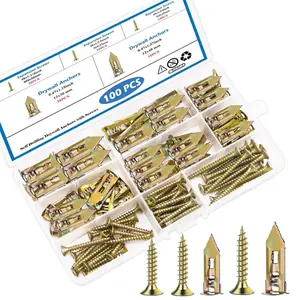 100PCS Self-Drilling Drywall Anchors Kit No Drill Needed Easy Hang for Home & Office Includes 100 Anchors 100 Screws for Quick Install Adjustable Hooks & Bracket