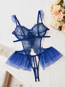 Christmas Women's Embroidered Sheer Mesh Cut Out Bodysuit, Adjustable Straps, Bow Decor, Push-Up Thong Design, Perfect for Romantic Nights,women's clothing,sneaky lingerie,whimsy clothing,chica under,estilo under,baddie, Embroidery, Underwear
