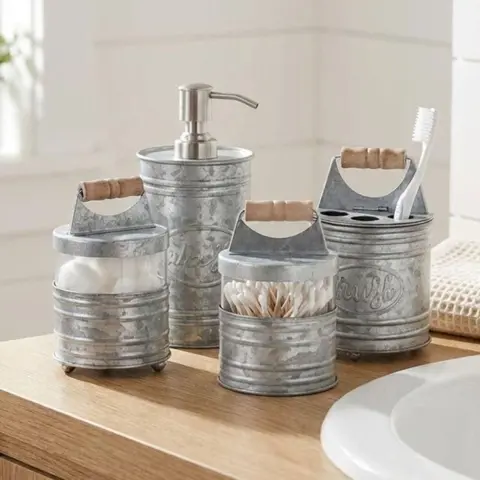 Rustic Farmhouse 4-Piece Galvanized Bathroom Set – Metal, Glass & Wood Vanity Accessories