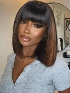 10 Inch Yaki Straight Bob Wig with Bangs, Blunt Cut Wig, Synthetic Hair, Glueless HD Lace, Highlights, Ready to Go, Short Wigs for Women, 180 Density