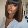 10 Inch Yaki Straight Bob Wig with Bangs, Blunt Cut Wig, Synthetic Hair, Glueless HD Lace, Highlights, Ready to Go, Short Wigs for Women, 180 Density, Bob Style Wig