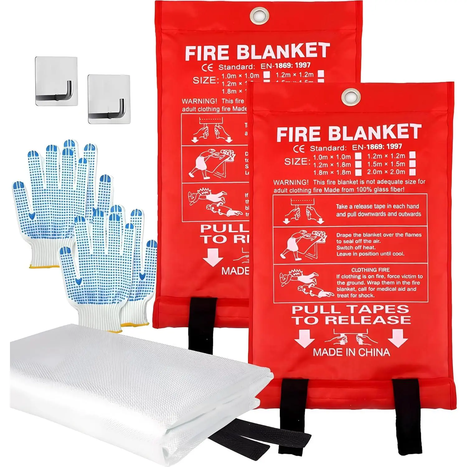Fire Blanket 40x40 inches Fiberglass w/Gloves Hooks Whistle - Fireproof Safety for  Kitchen Restaurant House - Fire Suppression  (Fire Blanket 2-Pack)