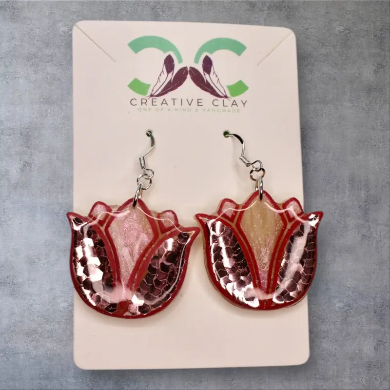 Rose Gold Glitter Tulip Earrings | Handmade Polymer Clay | Sterling Silver .925 Hooks | Lightweight & Hypoallergenic | Southwest-Inspired Dangle Earrings