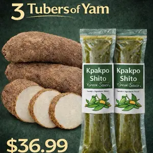 Ghana puna yam  3 pieces + Free kpakpo shito green sauce all for $36.99 only. Spicy Dip Spicy Blend