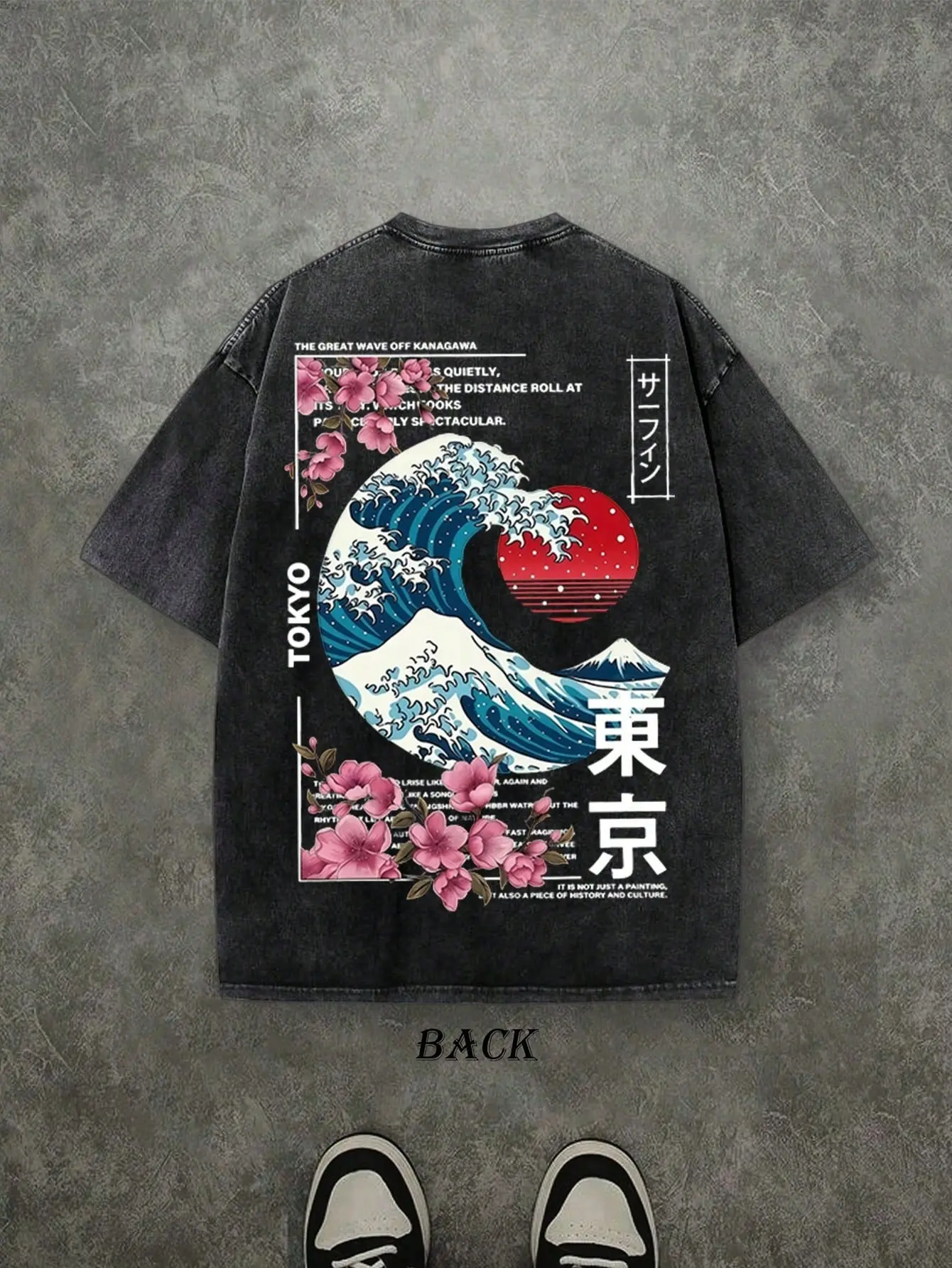 Vintage Washed Black Tokyo Great Wave Cherry Blossom T-Shirt, Japanese Kanji Mount Fuji Back Print Aesthetic Streetwear Tee, Trendy Asian Art Casual Top