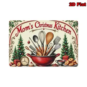 2D Flat, 1pc Vintage "Mom'S Christmas Kitchen"Metal Tin Sign, 8x12 Inches - Nostalgic Baking Theme Decorative Plaque - Ideal for Kitchen, Dining Room, Bakery, Cafe, Farmhouse & Country Style Homes, Christmas Decor