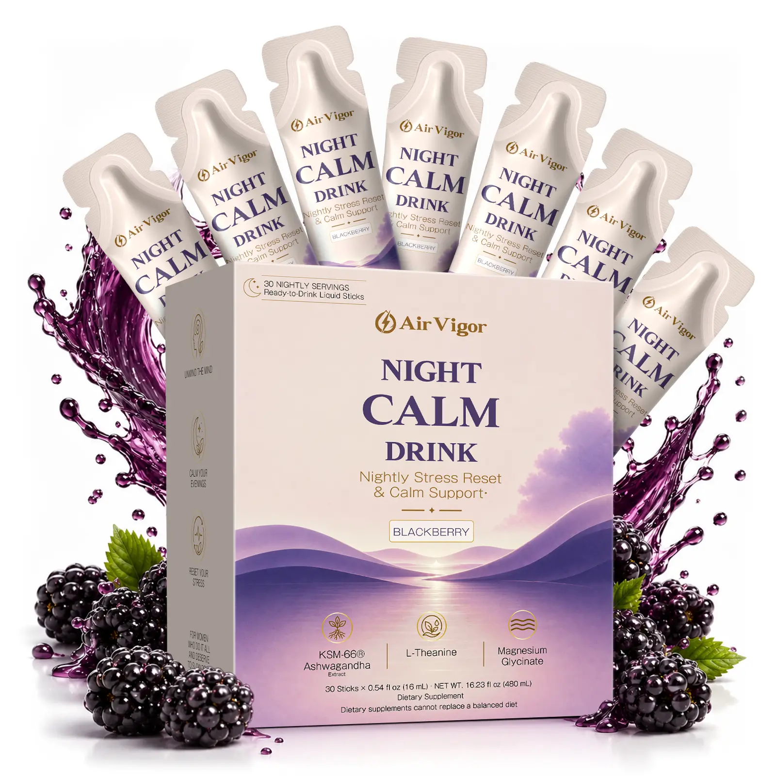 AirVigor Night Calm Drink Liquid Sticks with Ashwagandha, L-Theanine & Magnesium Glycinate, Stress & Mood Support, Melatonin-Free, Sugar-Free, Blackberry, 30 Sticks