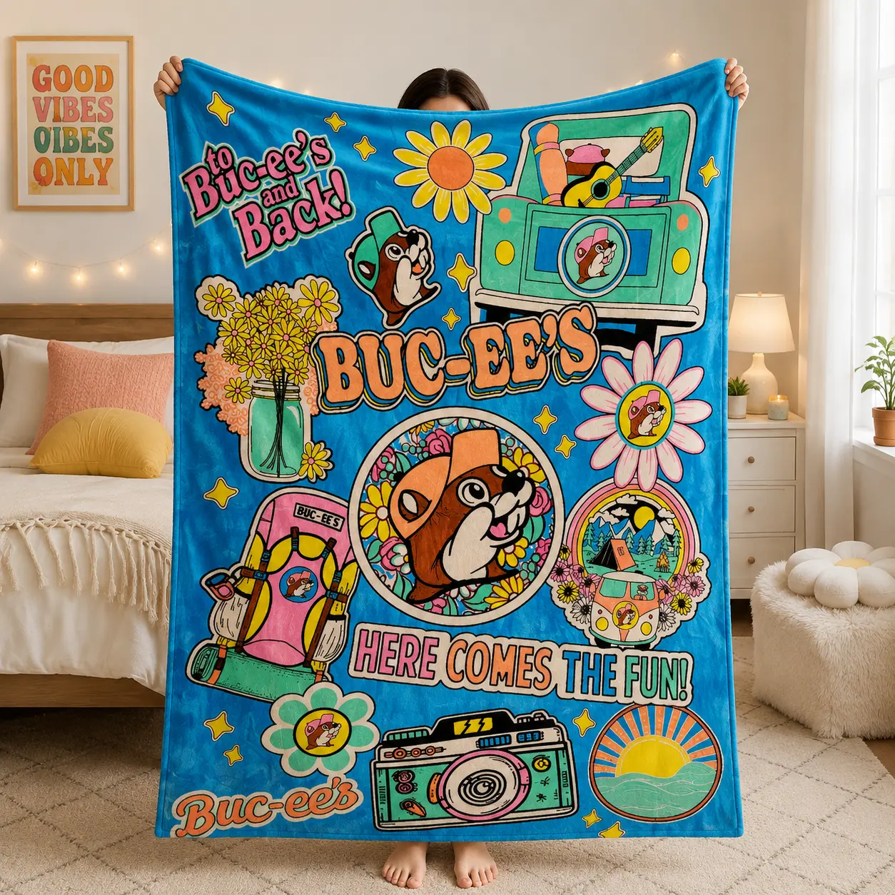 Buc-ee’s Inspired Blanket, Colorful Retro Travel Throw Blanket, Soft Flannel Fleece Blanket with Cute Beaver Design, Cozy Couch Blanket for Bedroom Living Room Decor, Fun Gift for Road Trip Lovers, Campers & Fans