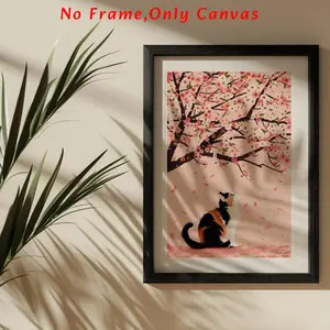 Cherry Blossom Tree Pattern Cat Wall Art, Cute Cat Wall Decor, Artistic Wall Art for Home Living Room Bedroom, Home Decor, Ornaments, Print