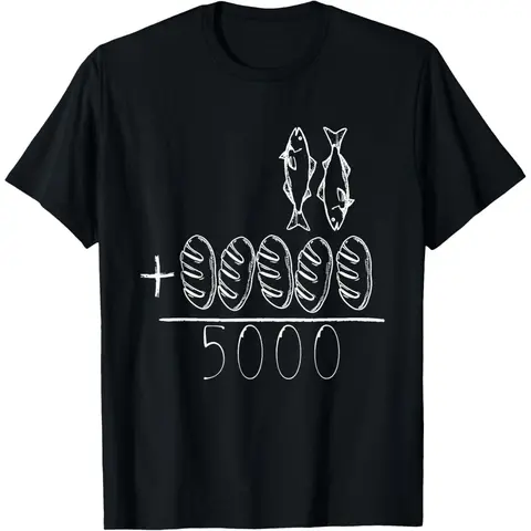 Men's Cotton Short-Sleeve Round Neck Tee - Natural Breathable Smooth Blend, Lightweight Flex, Tailored Cut, Vivid Fish & Bread Jesus Feeds 5000 Graphic, Original Art, Religious Iconography Scripture-Inspired Streetwear, Day Casual All-Season Wear
