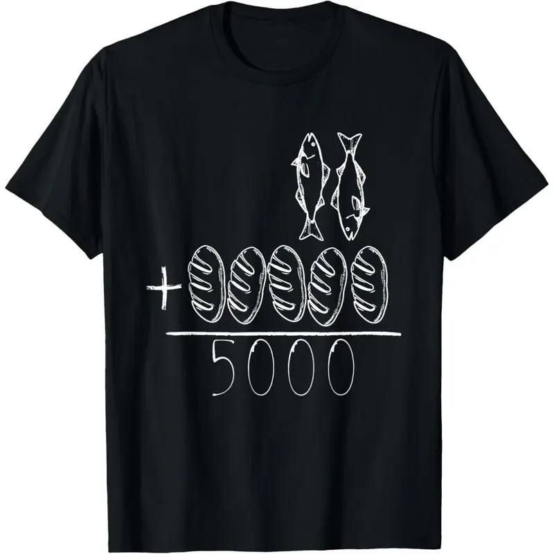 Men's Cotton Short-Sleeve Round Neck Tee - Natural Breathable Smooth Blend, Lightweight Flex, Tailored Cut, Vivid Fish & Bread Jesus Feeds 5000 Graphic, Original Art, Religious Iconography Scripture-Inspired Streetwear, Day Casual All-Season Wear