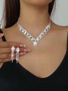 Luxurious Bridal Jewelry Set, Artificial Crystal Teardrop Fringe Necklace and Earrings, Elegant Wedding Accessories for Brides