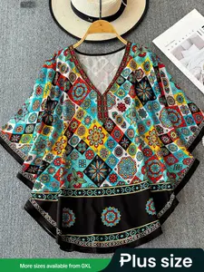 Plus Size Women's Ethnic Style Short Sleeve Floral Printed Woven T-Shirt, Casual Wear, Womenswear, Top, Casual Spring & Fall Fashion, Loose Comfortable Fit, Trendy Design