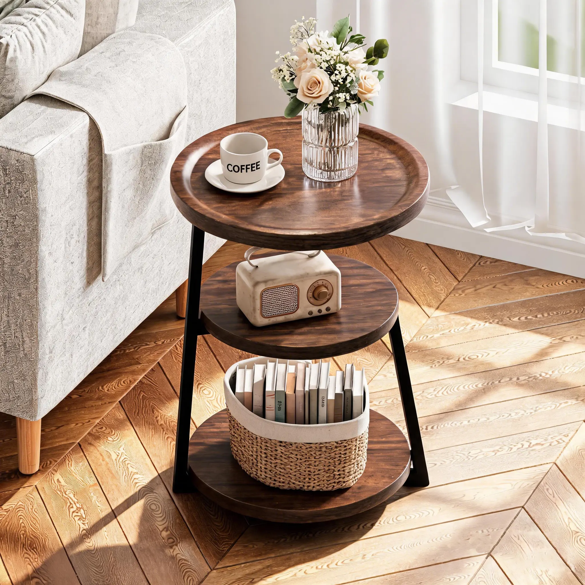 Vintage 3-Tier Round End Side Table with Metal Frame & Walnut Accent, Indoor Nightstand for Living Room, Bedroom, End Side Tables
