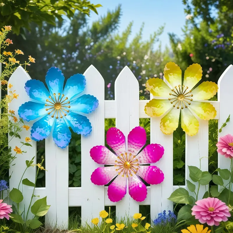 3/6/9pcs Metal Flower Wall Decor, Bohemian Metal Wall Art Hanging Blue Flowers, Boho Wall Decor, Suitable for Indoor/Outdoor Home, Bathroom, Yard, Patio, Garden