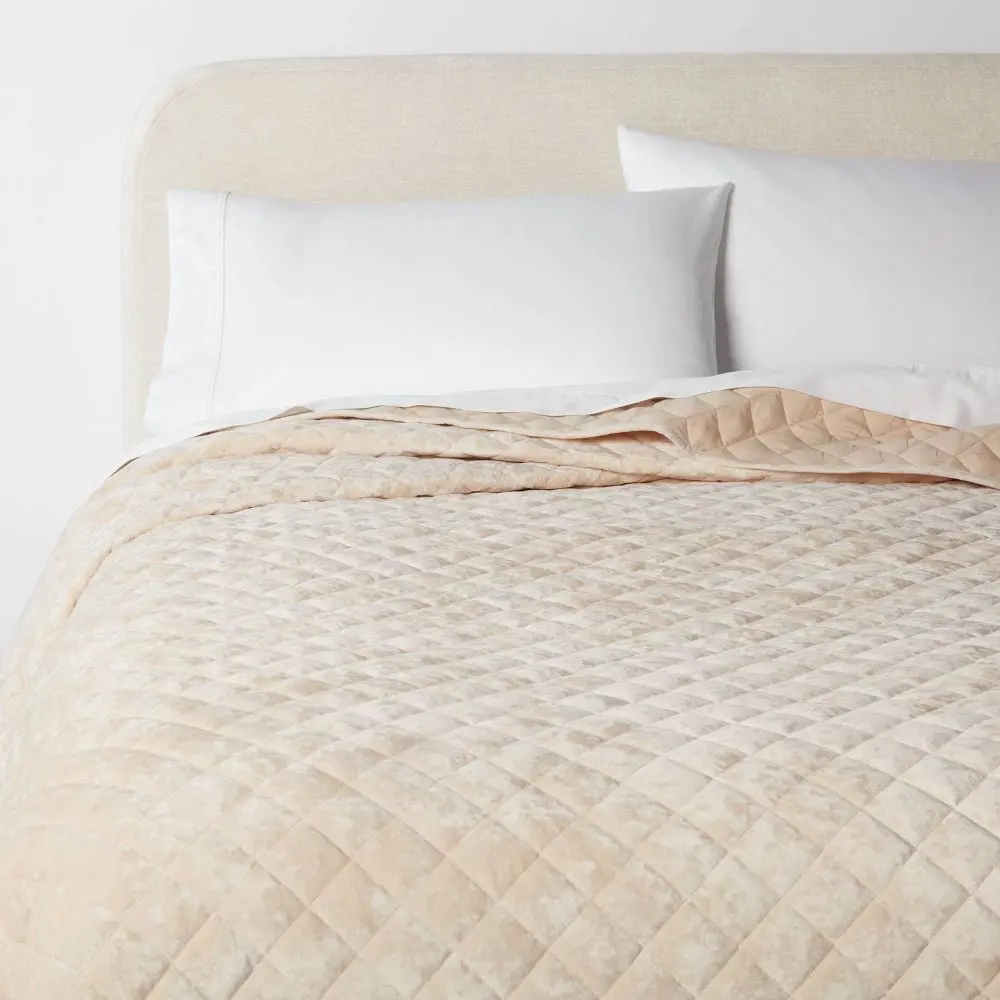 King Luxe Diamond Stitch Velvet Quilt - Khaki Home Bedding with Stitched Pattern, Threshold OEKO-TEX Certified Polyester Fill, Machine Washable