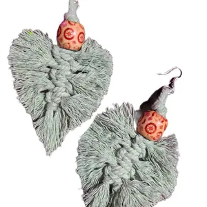 Boho Chic Green Macrame Feather Leaf Earrings with Decorative Beads and Cord