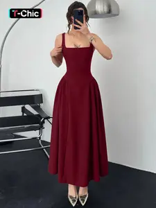 Women's Solid Color Square Neck Sleeveless Pleated Tank Dress, Plain Backless Back Zipper Up Slim-fit Plicated Slip Dress, Ladies Summer Party Evening Gown Special Occasion Clothes, Formal wear